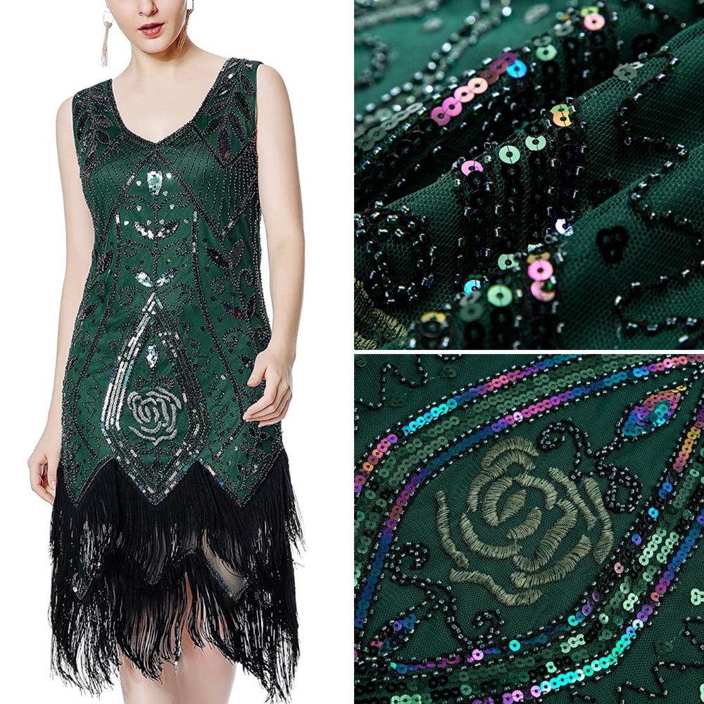 NWT MetMe Green Sequined Flapper Fringe 20’s Dress